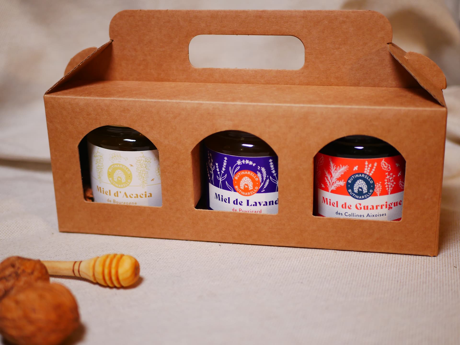 Geschenkbox mit 3 handwerklich erzeugten Bio-Honigen, 3 x 250g